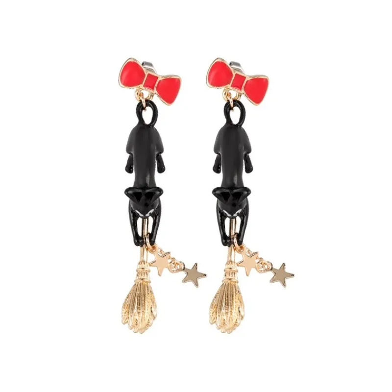 Bijoux|Maison Ghibli Boucles d’oreilles percées Jiji sur son balai - Kiki la petite Sorciè